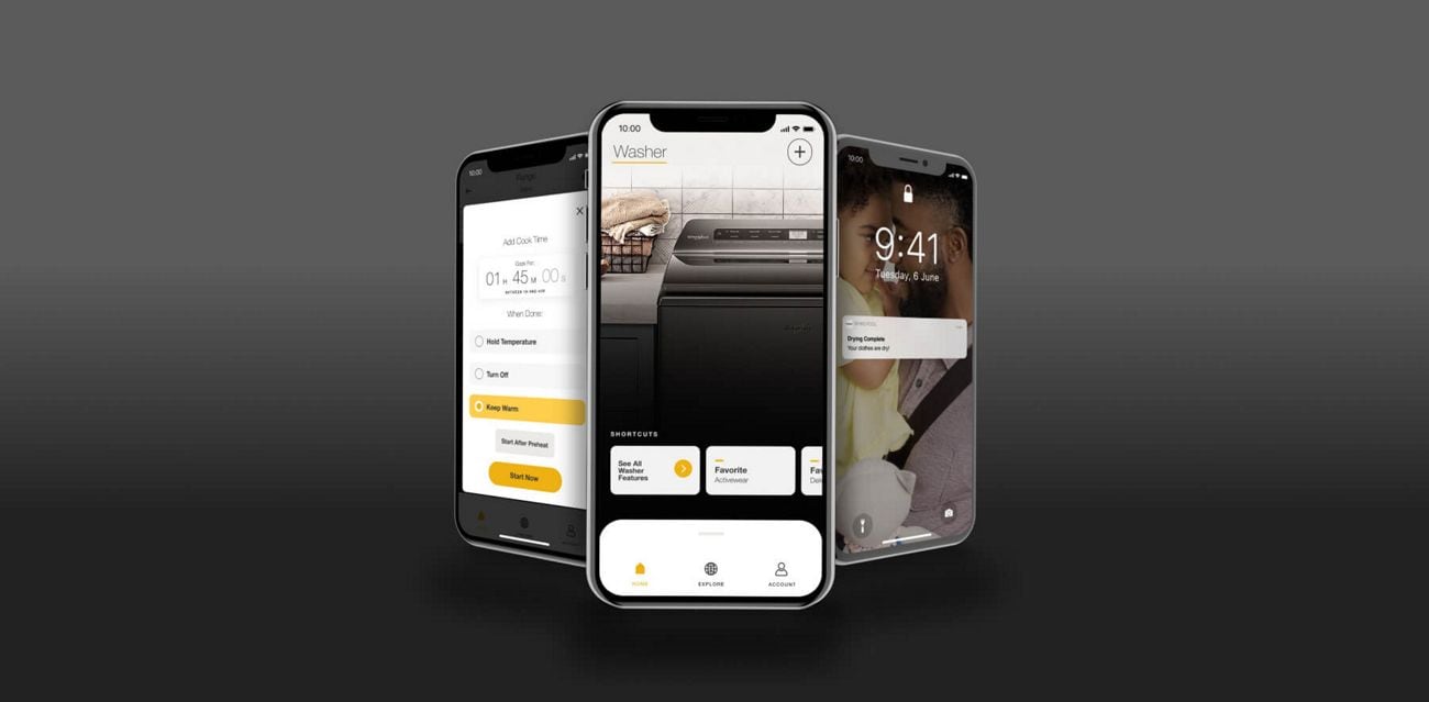 Three smartphones showing the Whirlpool® App and a notification