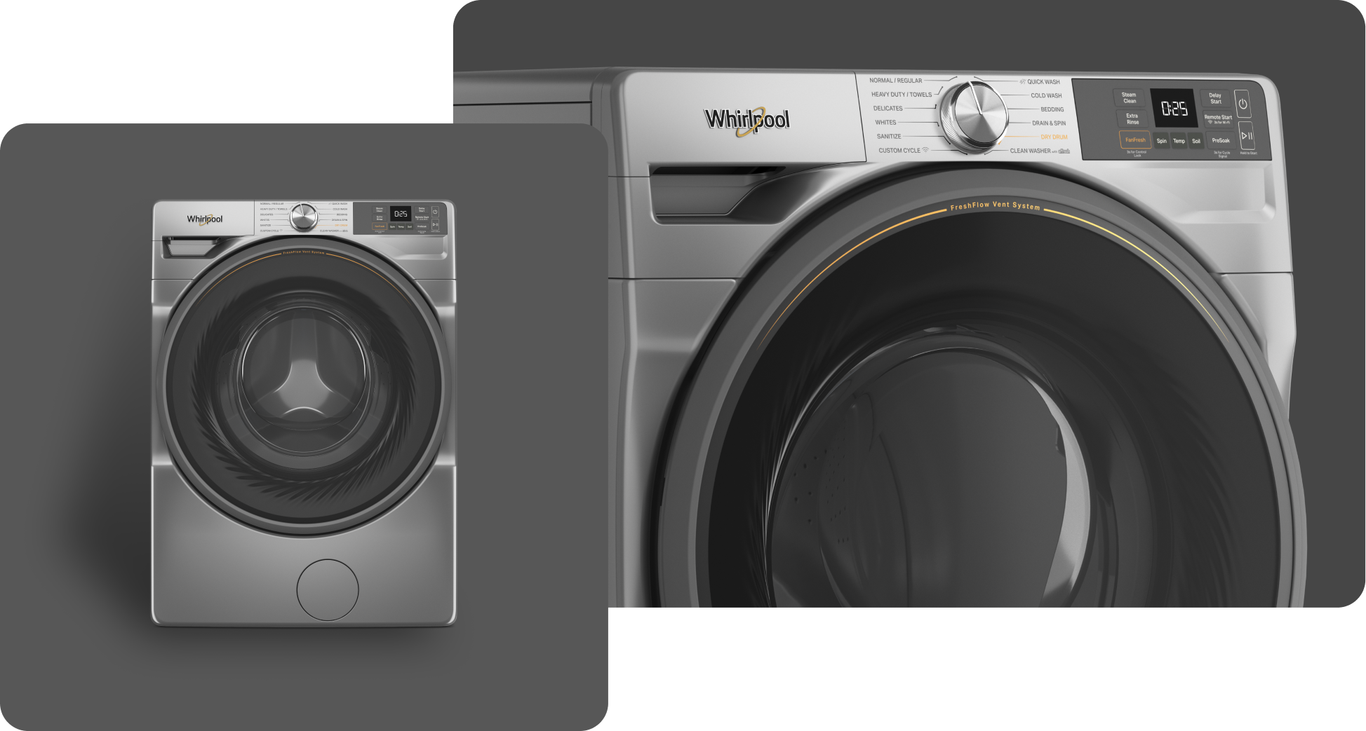 A Whirlpool® Washer with a Radiant Silver Finish